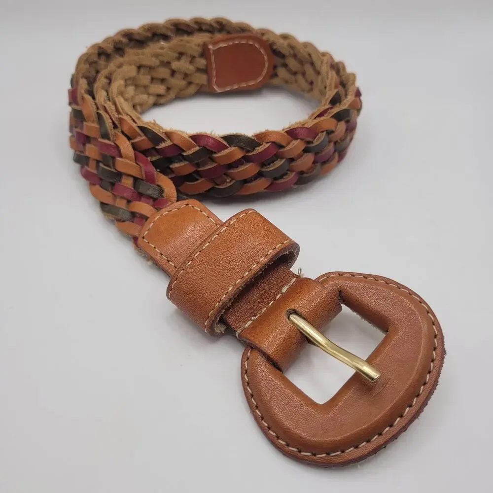 Colorful Brown Leather Belt Med Braided Woven Plaited Boho Multicolor Festival